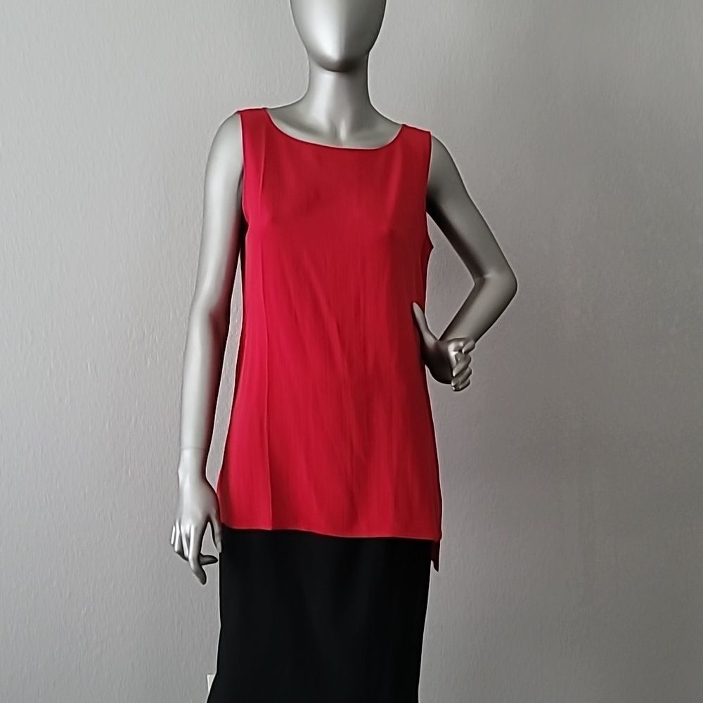 Eileen Fisher Scarlet Silk Georgette Crepe Bateau Neck Long Shell Top XS